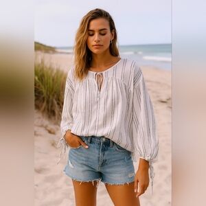 DEREK LAM 10 Crosby Relaxed Fit White Striped Peasant Blouse